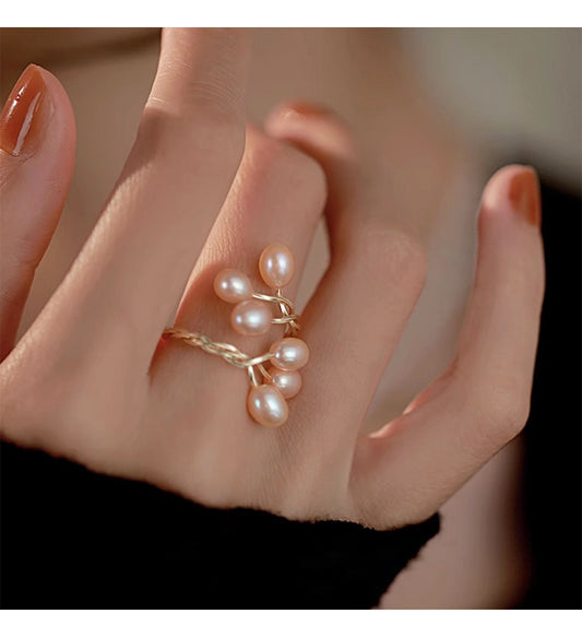 Freshwater Pearl Ring, Flower Branch Entangled Women's Vintage Advanced Sensory Food Ring, 2024 New Popular Adjustable Ring