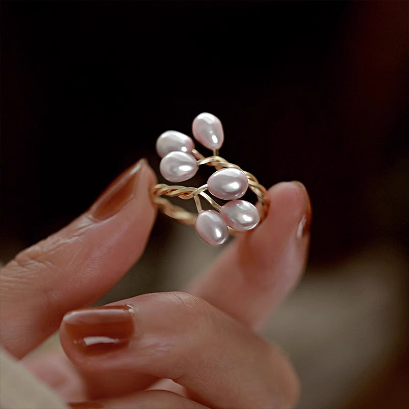 Freshwater Pearl Ring, Flower Branch Entangled Women's Vintage Advanced Sensory Food Ring, 2024 New Popular Adjustable Ring